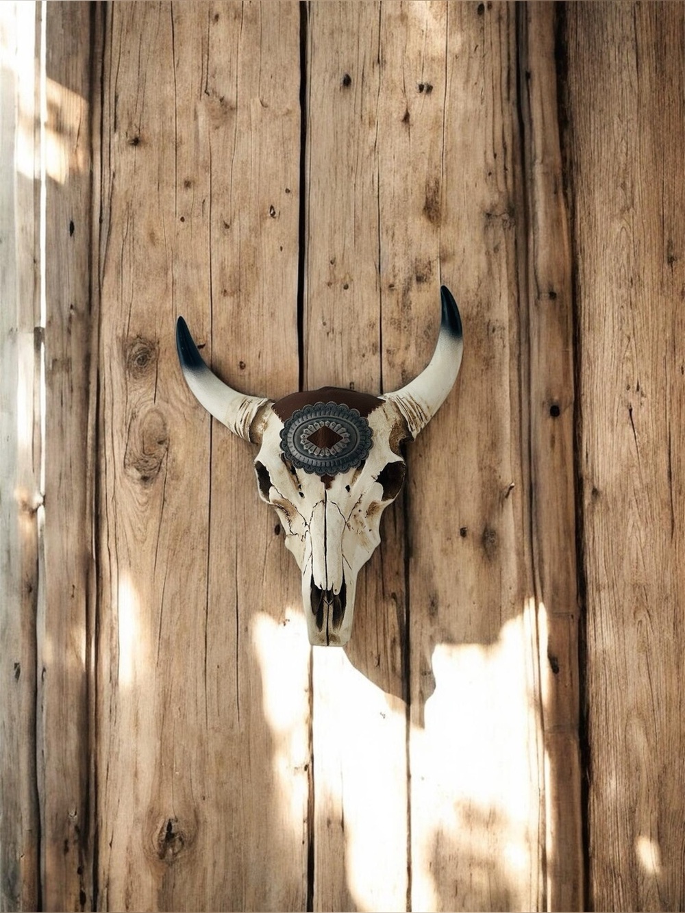 Decorative Bull Skull Wall Mount in Resin and Brown leather